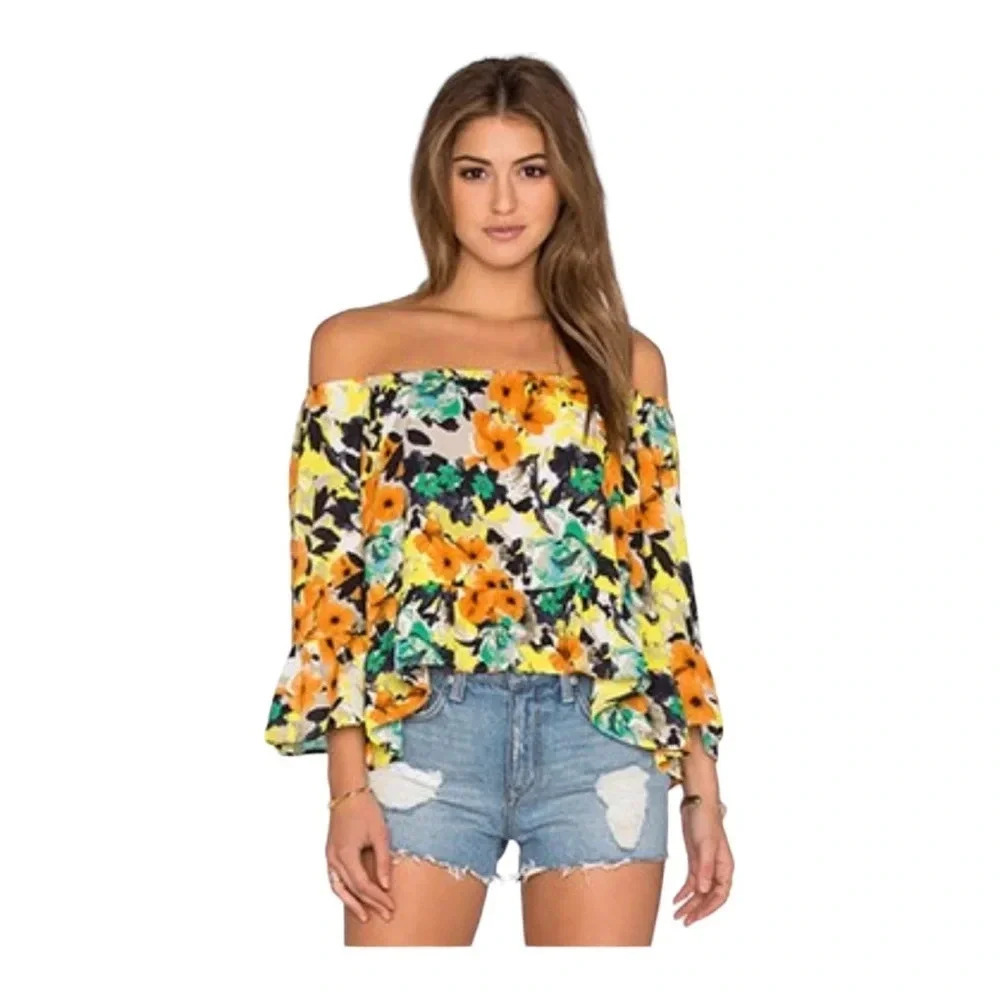 Eight Sixty Poppy Garden Top in Yellow
& Orange floral off the‎ shoulder blouse